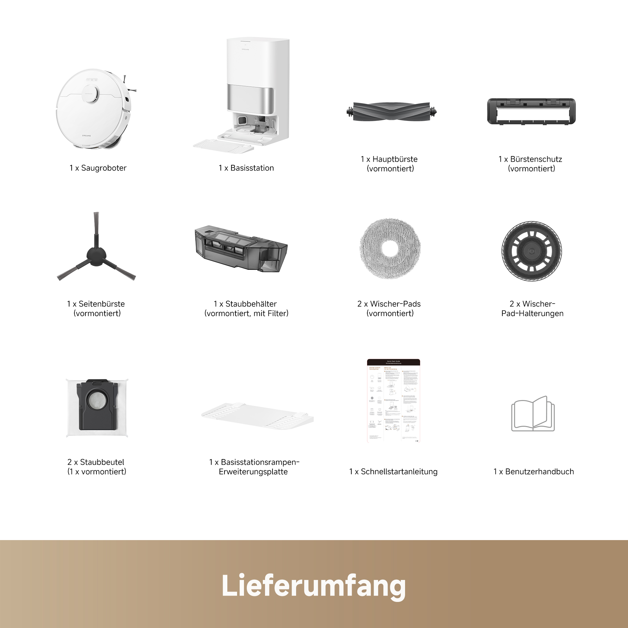 Übersicht des Lieferumfangs eines Saugroboters mit Basisstation, Zubehörteilen und Anleitungen.