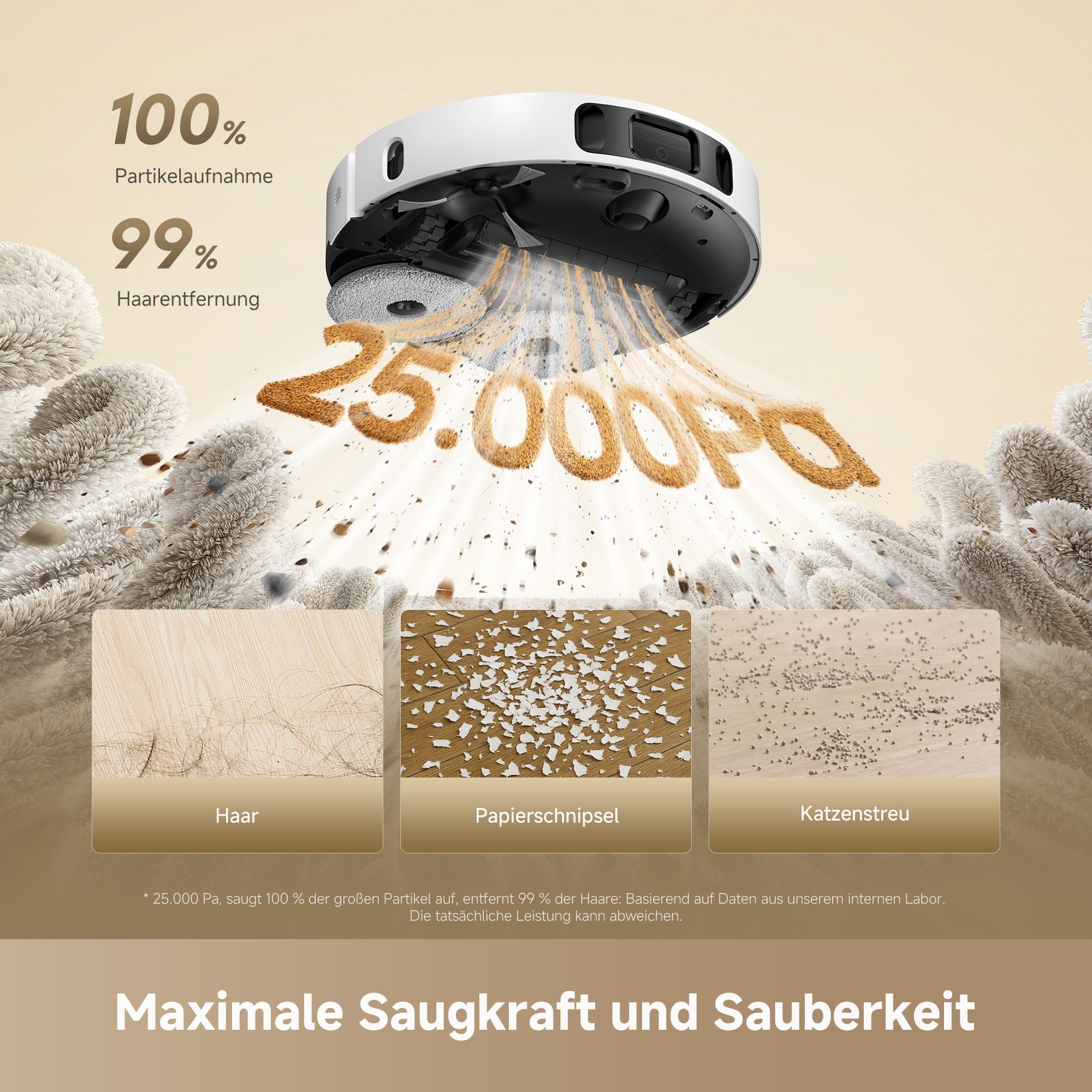 Werbegrafik eines Saugroboters mit 25.000 Pa, der Haare, Papierschnipsel und Katzenstreu aufsaugt.