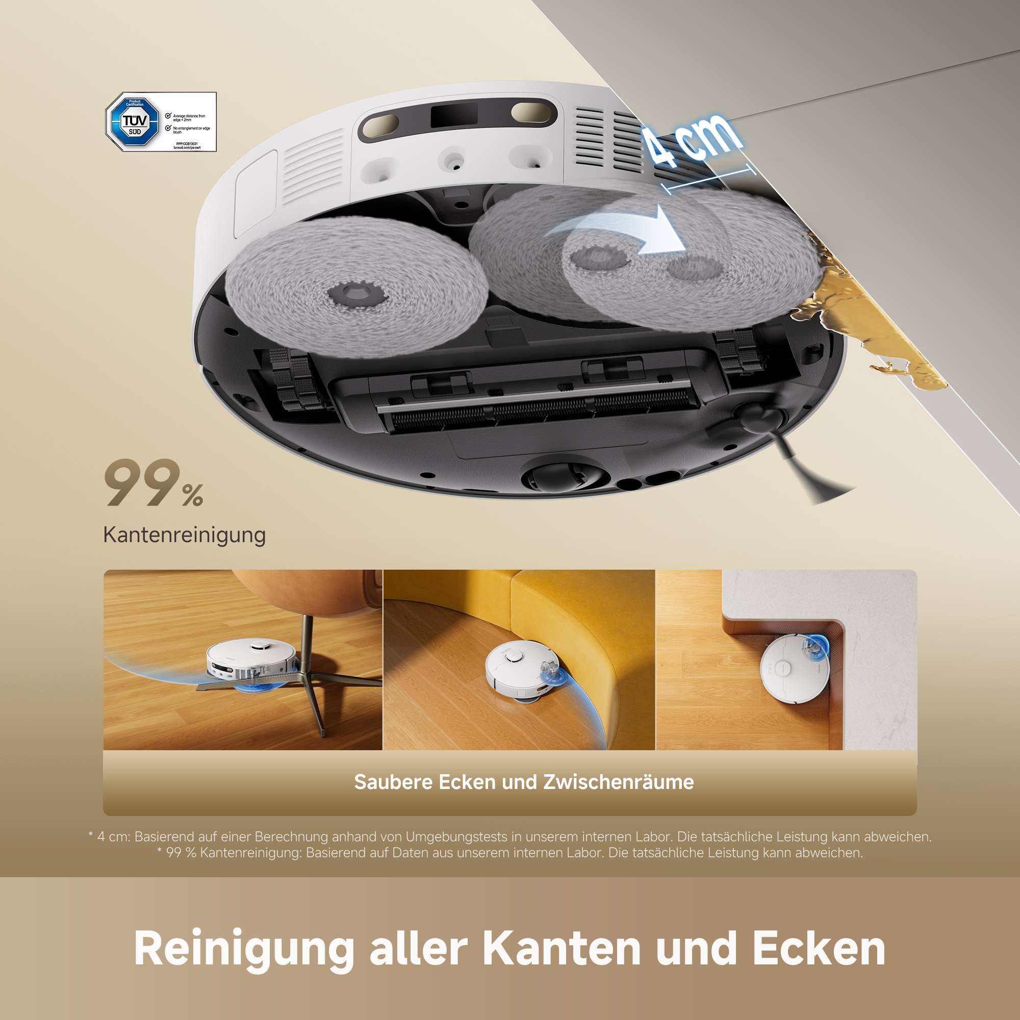 Diagramm zeigt die Kantenreinigung eines Saugroboters mit rotierenden Mops, der 4 cm an Wände heranreicht.