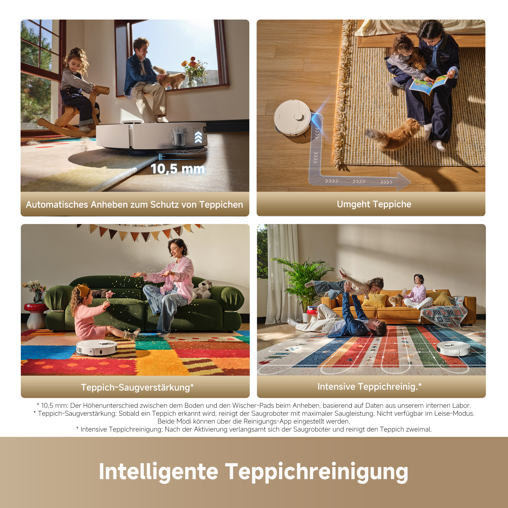 Vier Felder zeigen einen Saugroboter, der Teppiche bei einer Familie mit Kind und Hund reinigt, mit intelligenten Funktionen.
