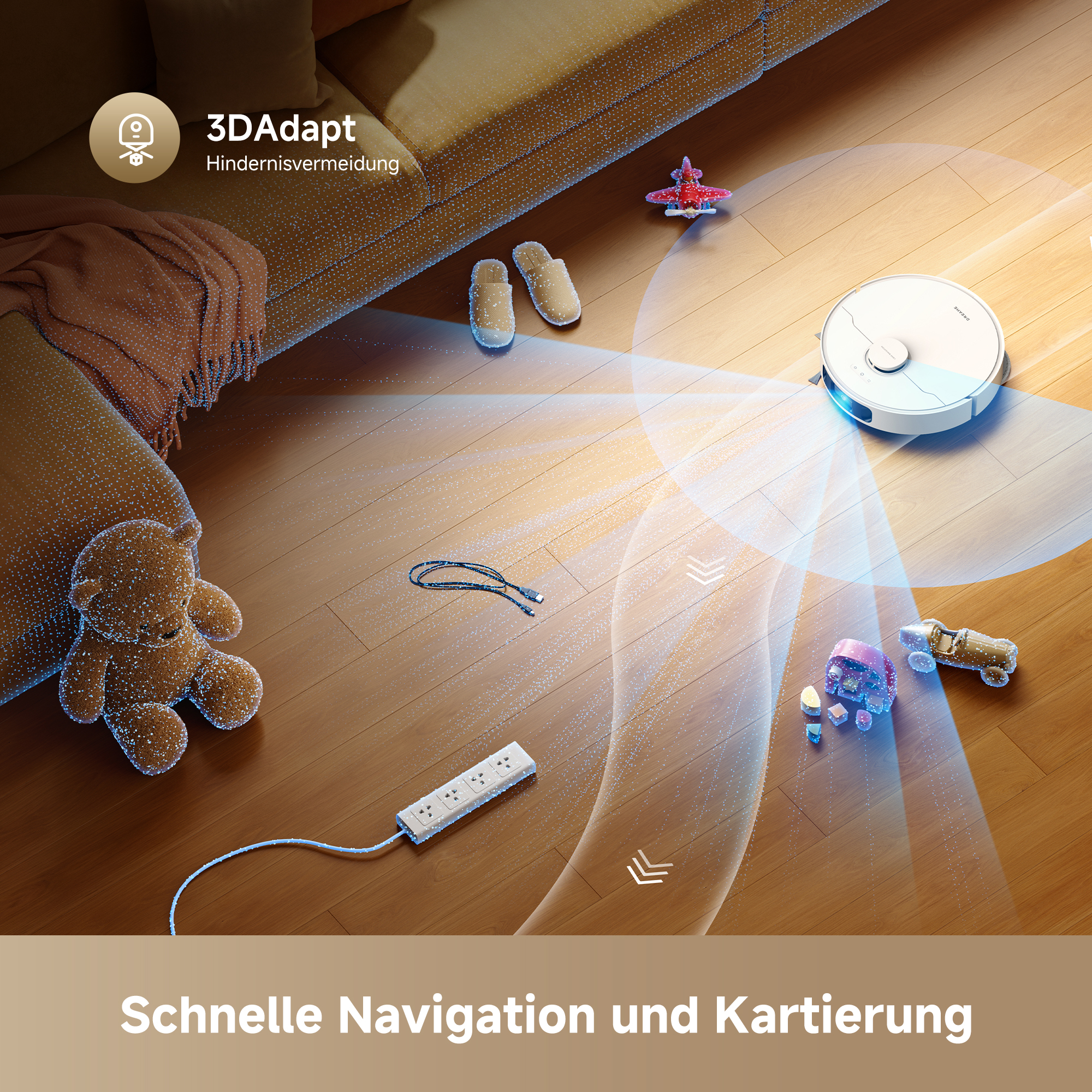 Ein Saugroboter scannt mit blauem Licht den Boden und vermeidet Hindernisse wie Spielzeug und Kabel.