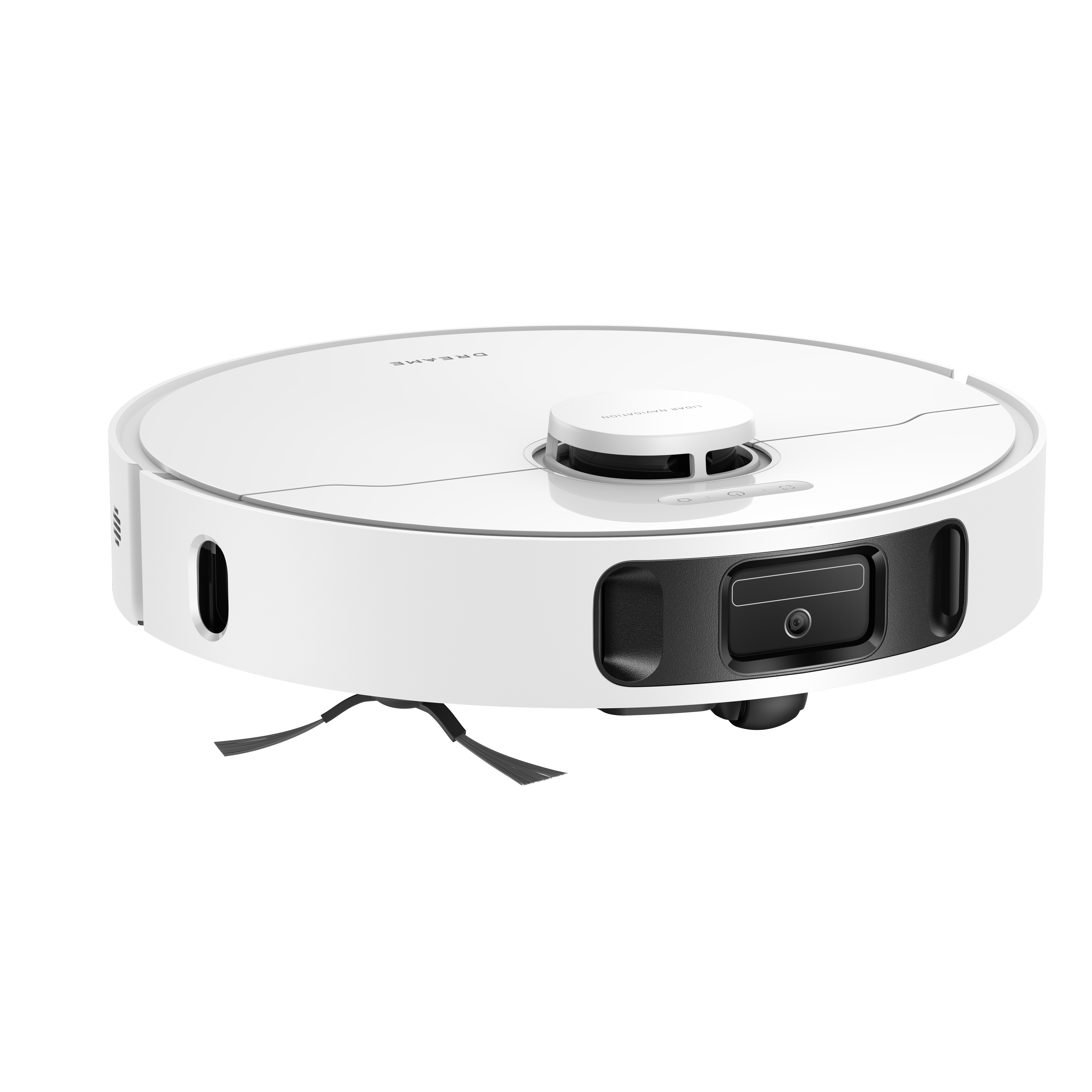 Ein weißer Roboterstaubsauger mit Lidar-Navigation und einer Kamera vorne auf weißem Hintergrund.