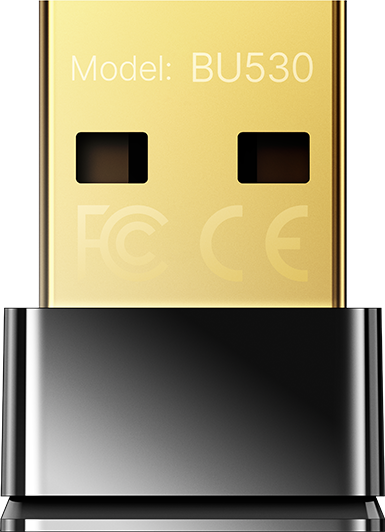Arany színű USB csatlakozó BU530 modellszámmal, valamint CE és FCC jelzéssel fekete alapon.