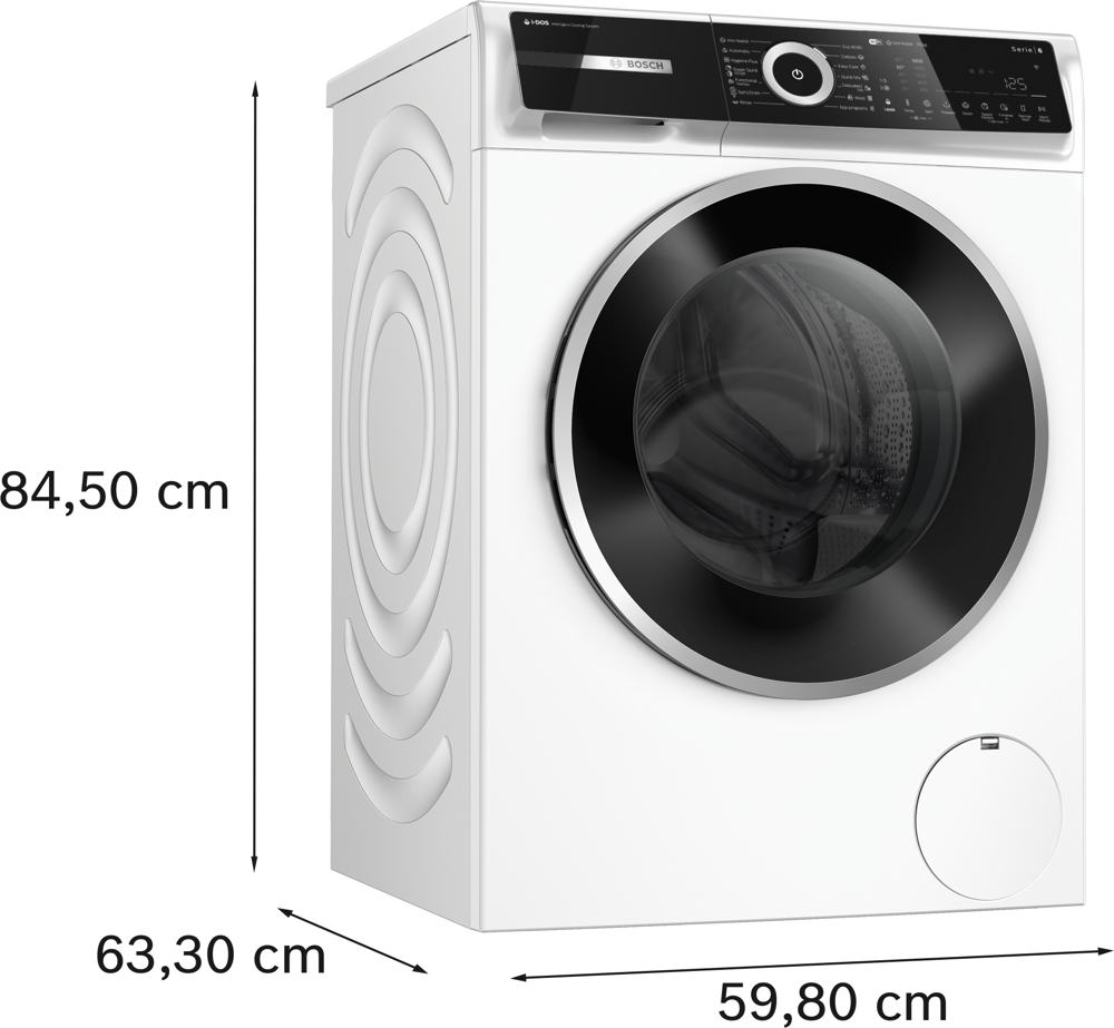 Fehér Bosch mosógép méretekkel: magasság 84,5 cm, szélesség 59,8 cm, mélység 63,3 cm.