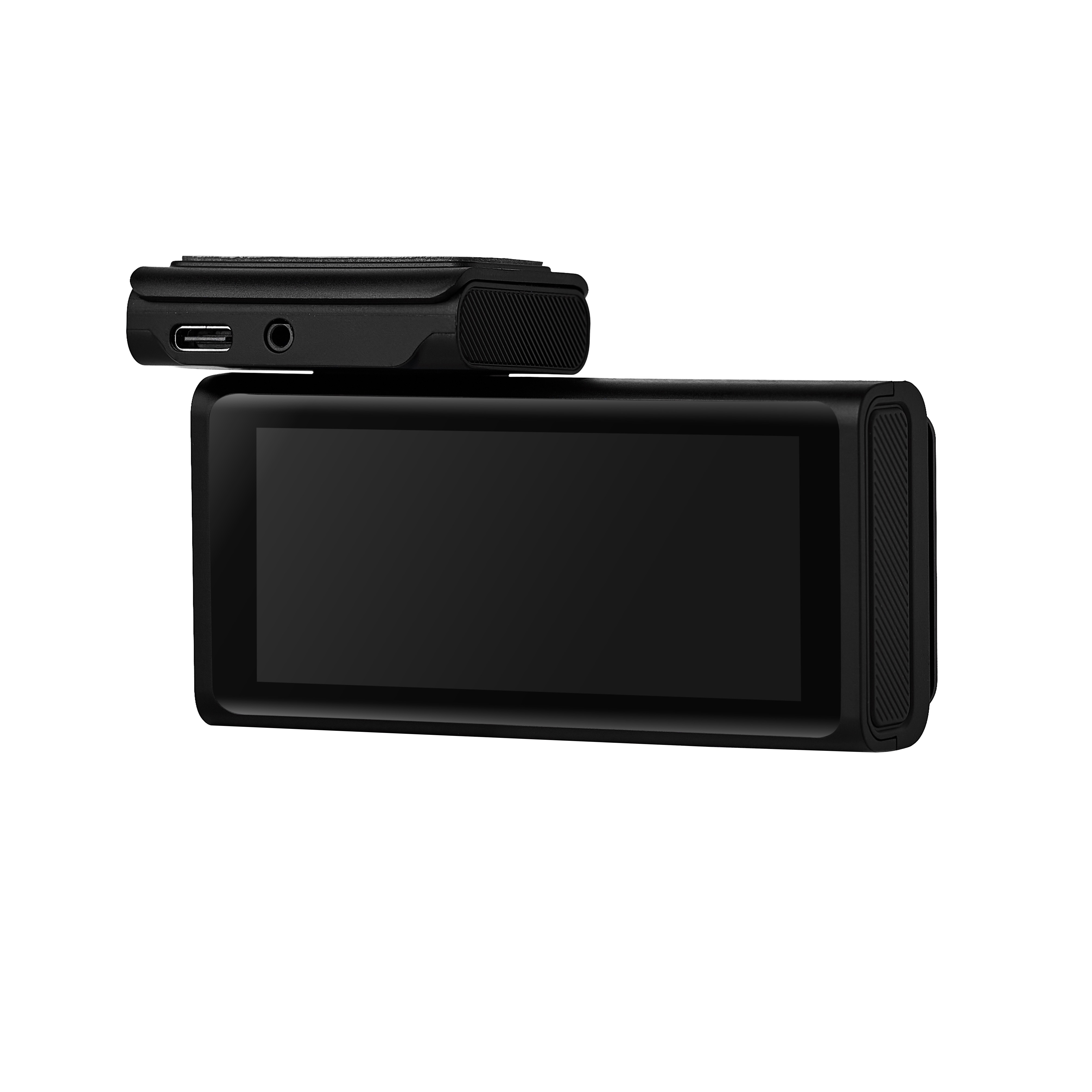 Üstünde USB ve ses bağlantı noktaları olan daha küçük bir modül ve geniş ekrana sahip siyah araç kamerası.
