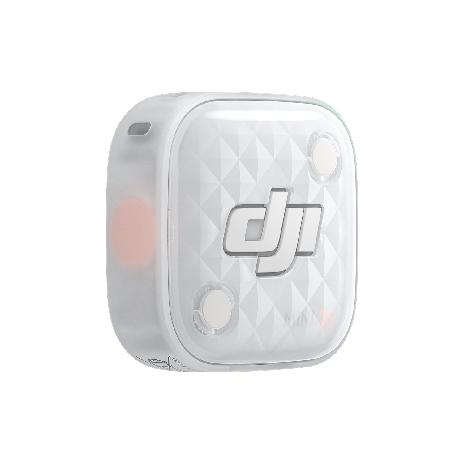 Siyah arka plan üzerinde dokulu ön panelli ve DJI logolu beyaz, kare şeklinde bir DJI cihazı.