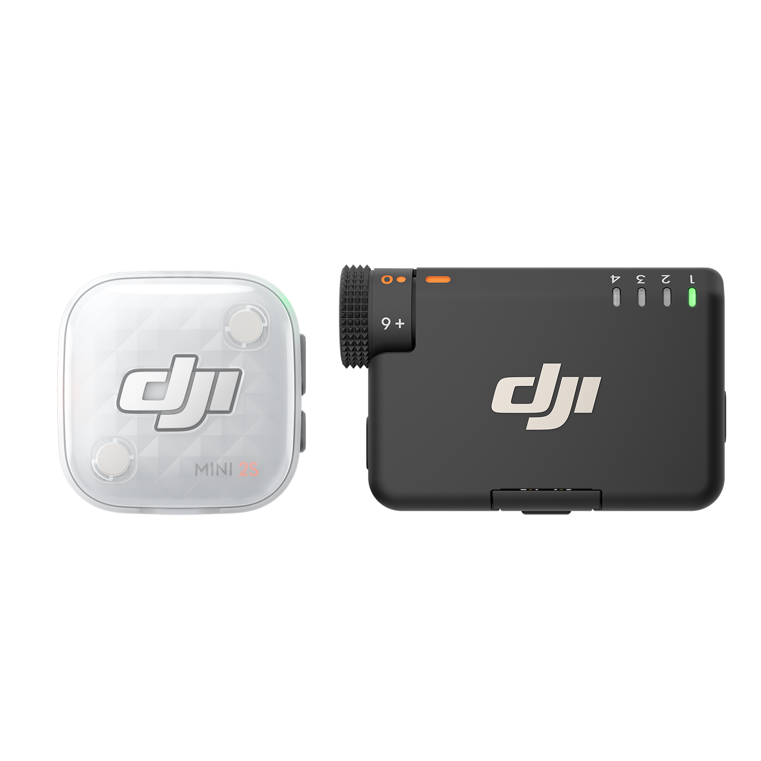 Siyah arka planda beyaz bir DJI Mini 2S şarj kutusu ve kadranlı siyah bir DJI cihazı.