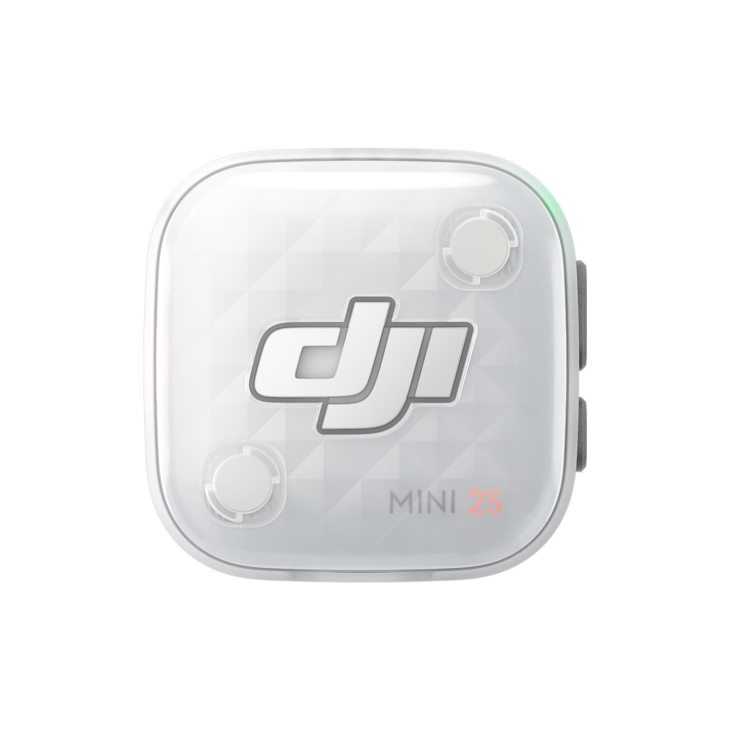Siyah arka plan üzerinde kare gövdeye ve yuvarlatılmış köşelere sahip beyaz DJI Mini 2S cihazı.