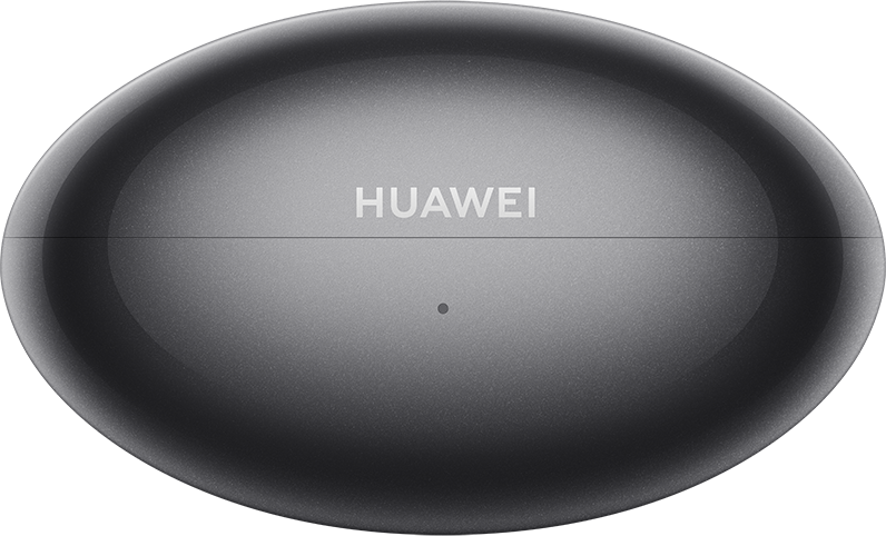 Egy ovális, szürke Huawei töltőtok kis LED-fénnyel, fekete háttér előtt.