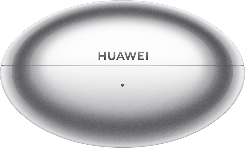 Ezüst színű, ovális alakú Huawei töltőtok jelzőfénnyel fekete háttér előtt.