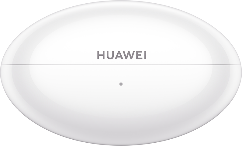 Egy fehér, ovális Huawei fülhallgató tartó tok, elején egy kis LED lámpával.