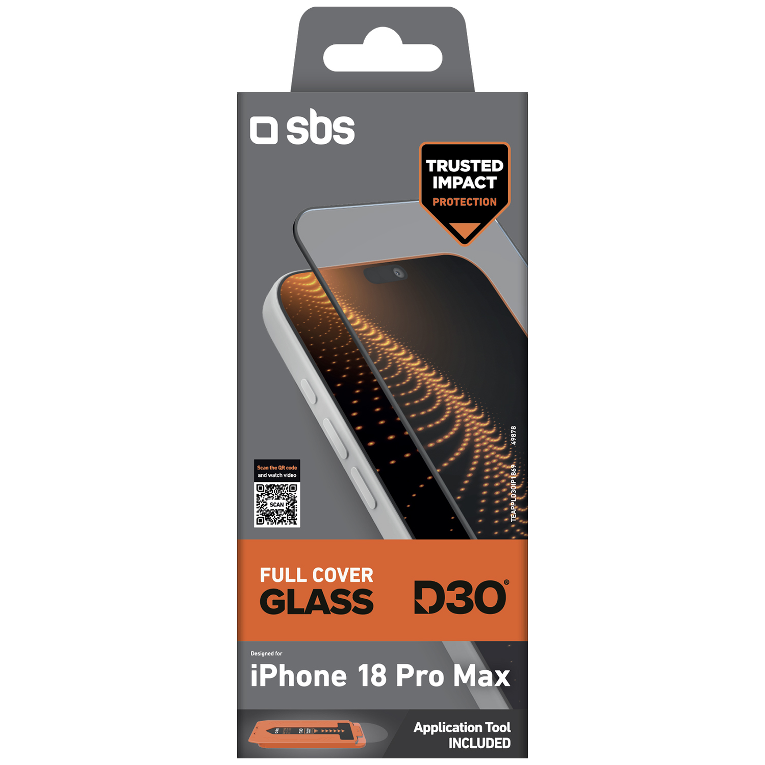 Emballage SBS Full Cover Glass D3O pour iPhone 18 Pro Max avec outil d'application.