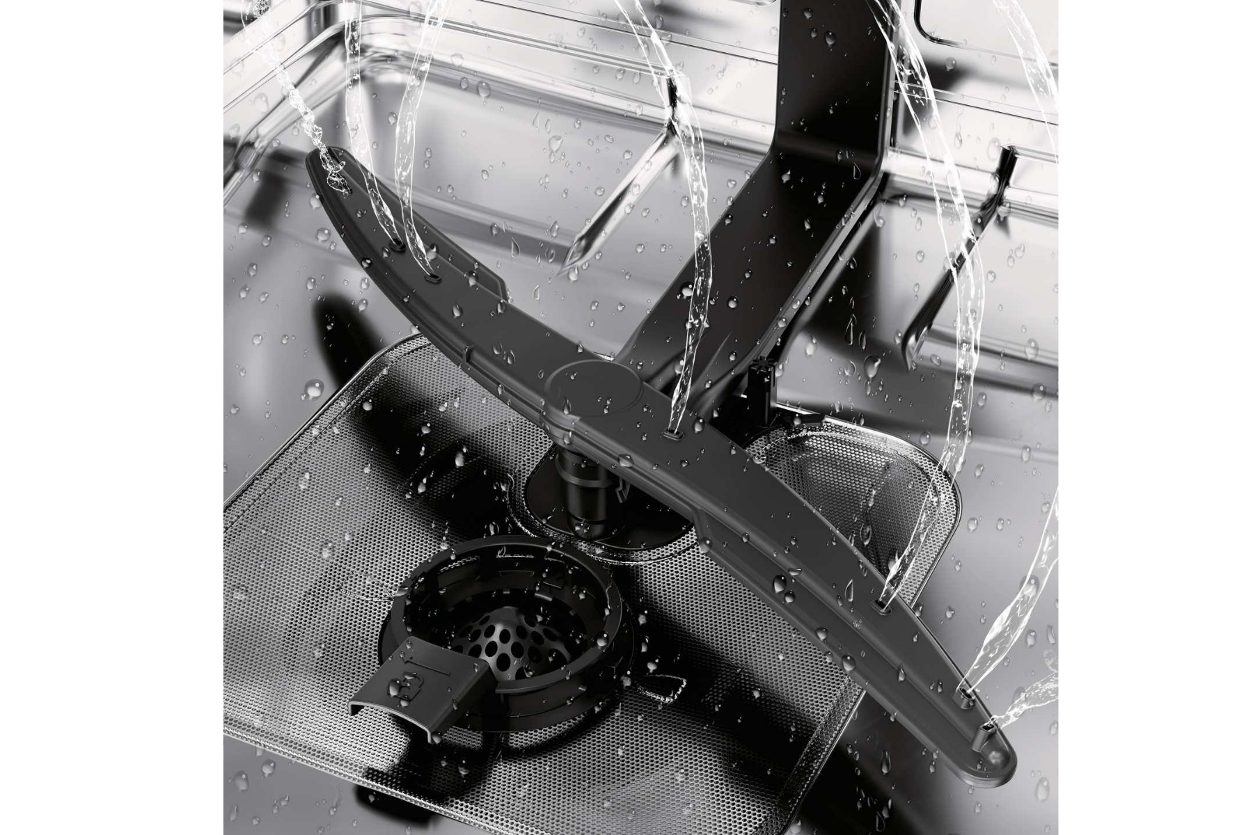 Primer plano del interior de un lavavajillas rociando agua, con brazo aspersor negro y filtro sobre acero inoxidable.