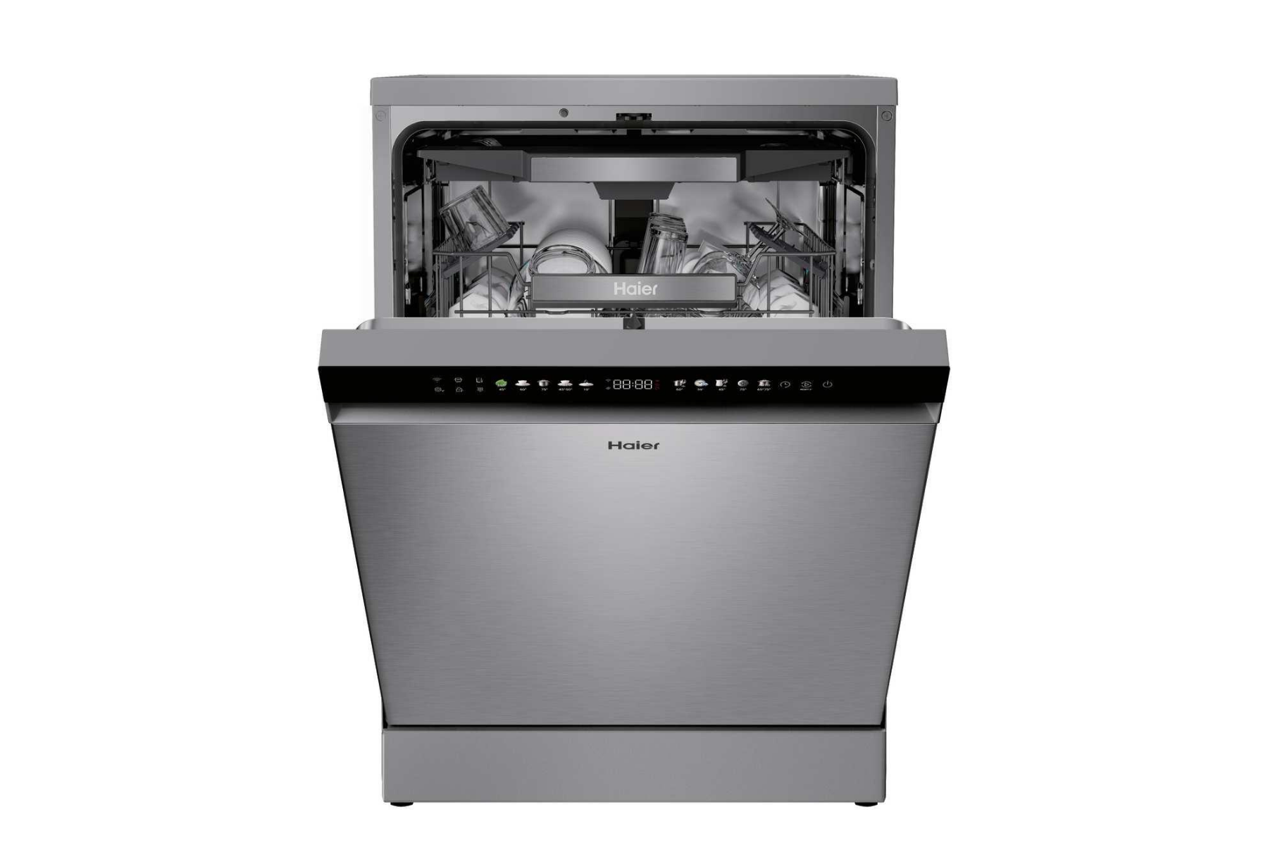 Lavavajillas Haier plateado con la puerta abierta, muestra cestas con vajilla y un panel de control digital.