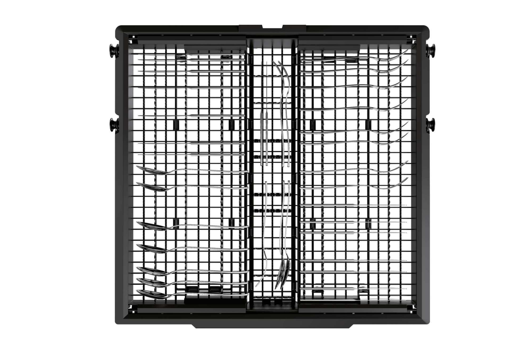 Cesta para cubiertos de lavavajillas negra llena de cubiertos organizados.
