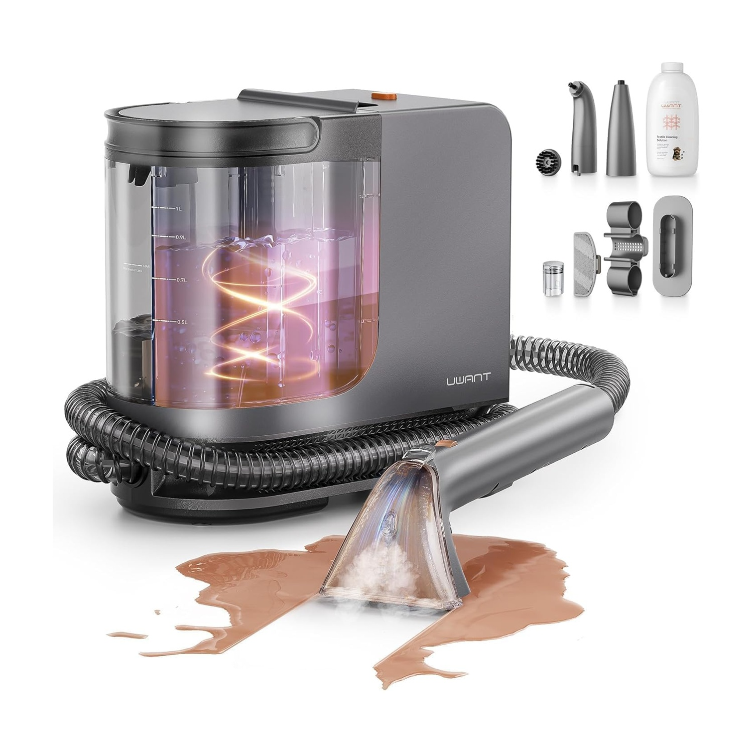Pulitore per tappezzeria grigio con serbatoio dell'acqua, tubo e accessori pulisce una macchia.
