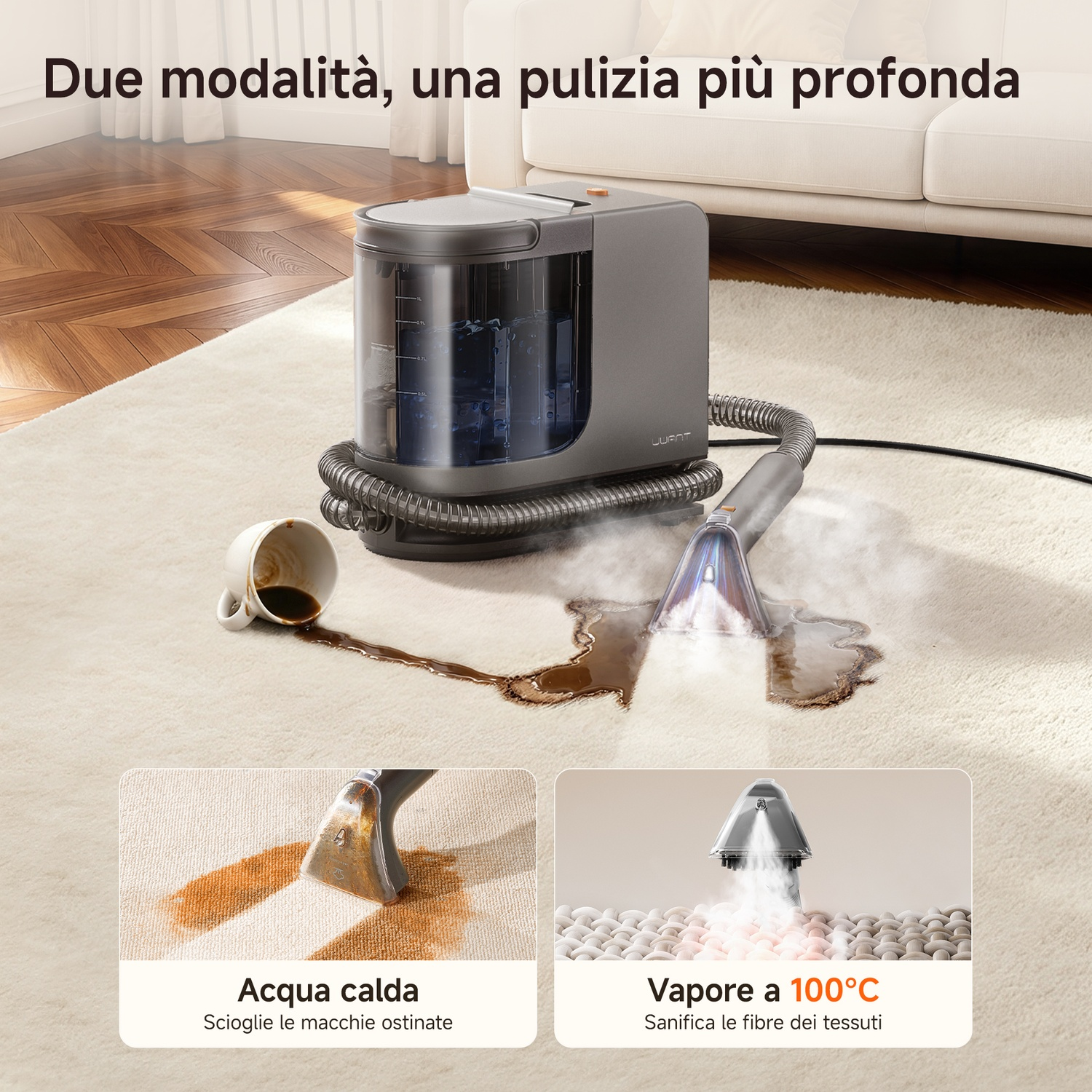 Un pulitore per tappeti grigio pulisce una macchia su un tappeto chiaro. Due riquadri mostrano acqua calda e vapore.