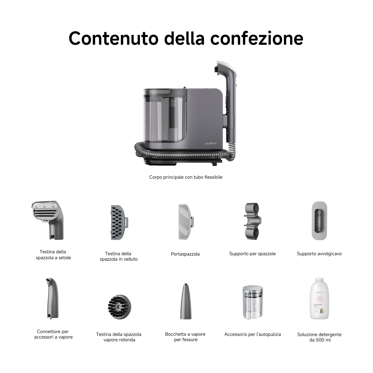 Contenuto della confezione: Pulitore grigio con tubo, vari accessori, supporti e soluzione detergente.