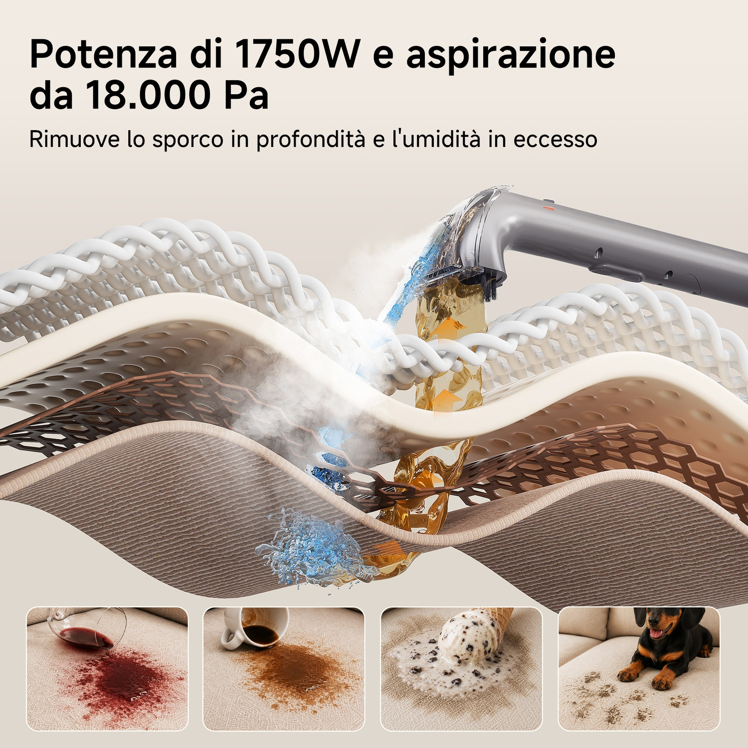 Sezione di un divano pulito a vapore e aspirazione, con esempi di macchie in basso.
