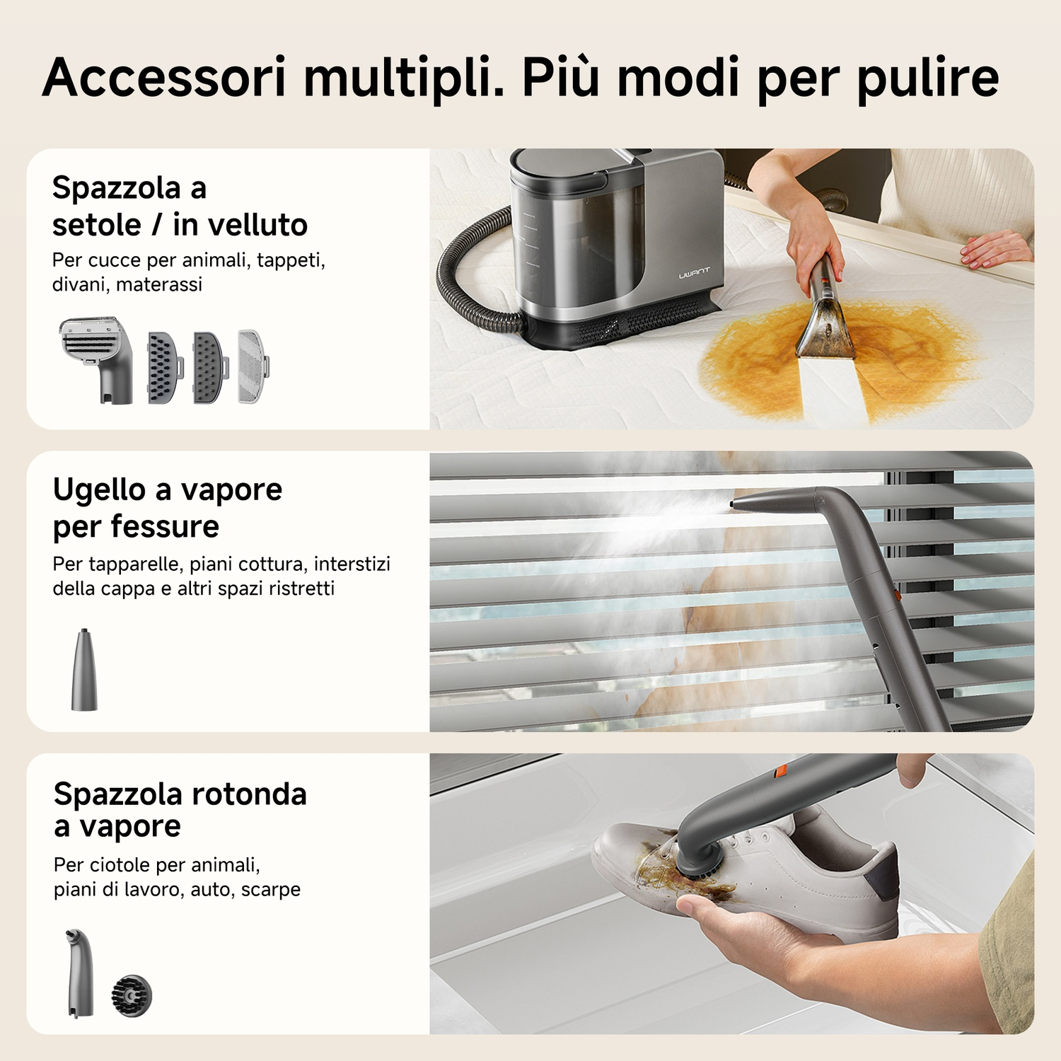 Molteplici accessori di pulizia per varie superfici come materassi, tende e scarpe.