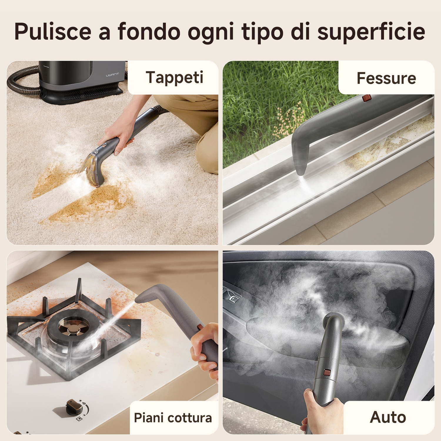 Un dispositivo di pulizia utilizzato su tappeti, fessure, piani cottura e auto con vapore.