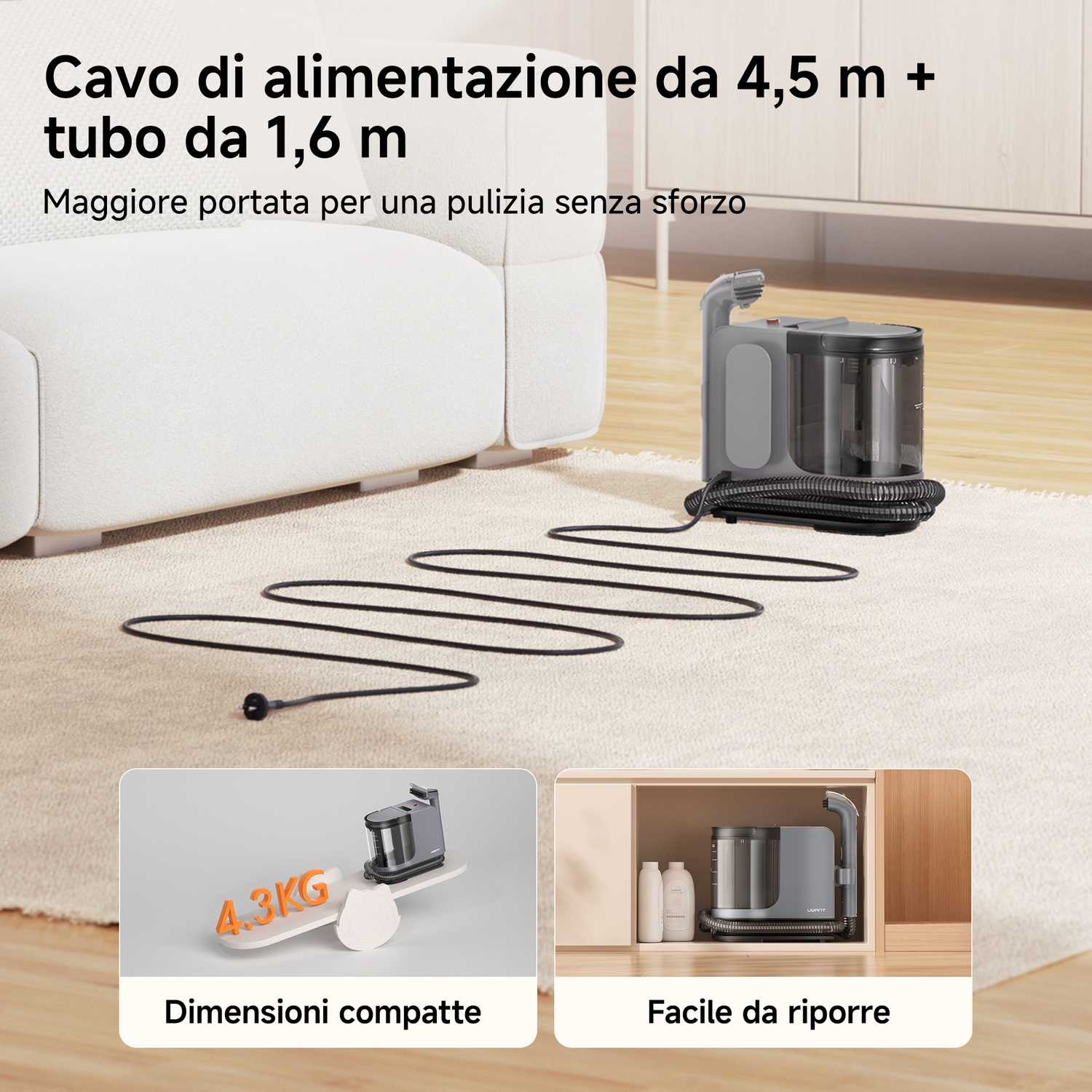 Aspirapolvere grigio su tappeto con cavo lungo, più riquadri per peso e stoccaggio.