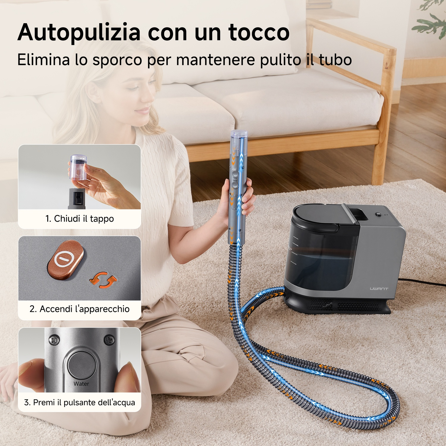 Una donna seduta su un tappeto mostra la funzione di autopulizia di un aspirapolvere Uwant in tre passaggi.