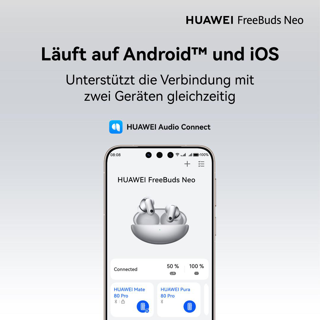 Smartphone-Bildschirm zeigt die HUAWEI Audio Connect App mit verbundenen FreeBuds Neo und Gerätestatus.