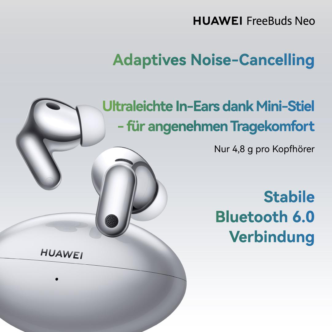 Huawei FreeBuds Neo kabellose Ohrhörer mit Ladecase und Text über Funktionen vor grauem Hintergrund.