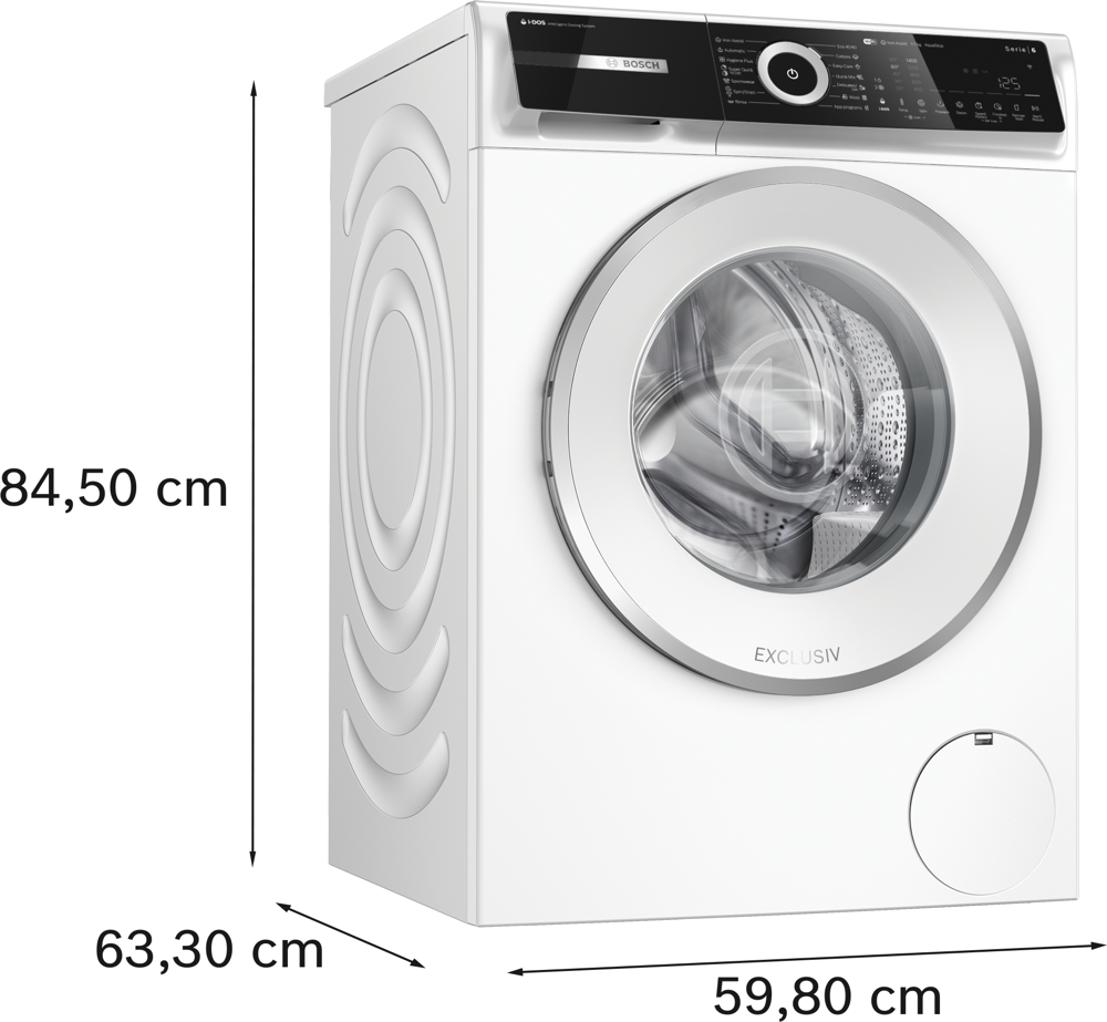 Egy fehér Bosch mosógép a következő méretekkel: magasság 84,50 cm, szélesség 59,80 cm, mélység 63,30 cm.