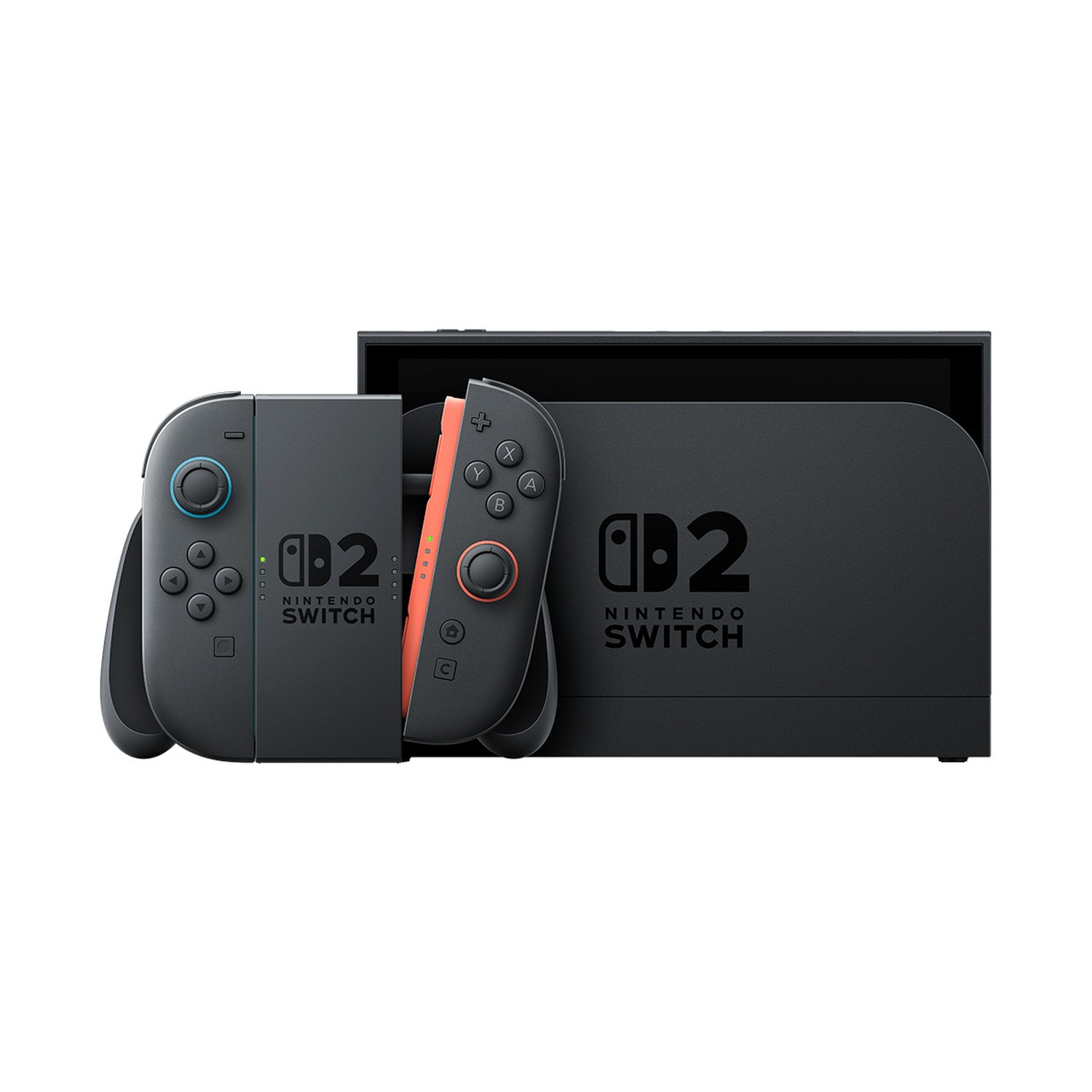 Una console nera Nintendo Switch 2 con controller Joy-Con e il logo su sfondo bianco.