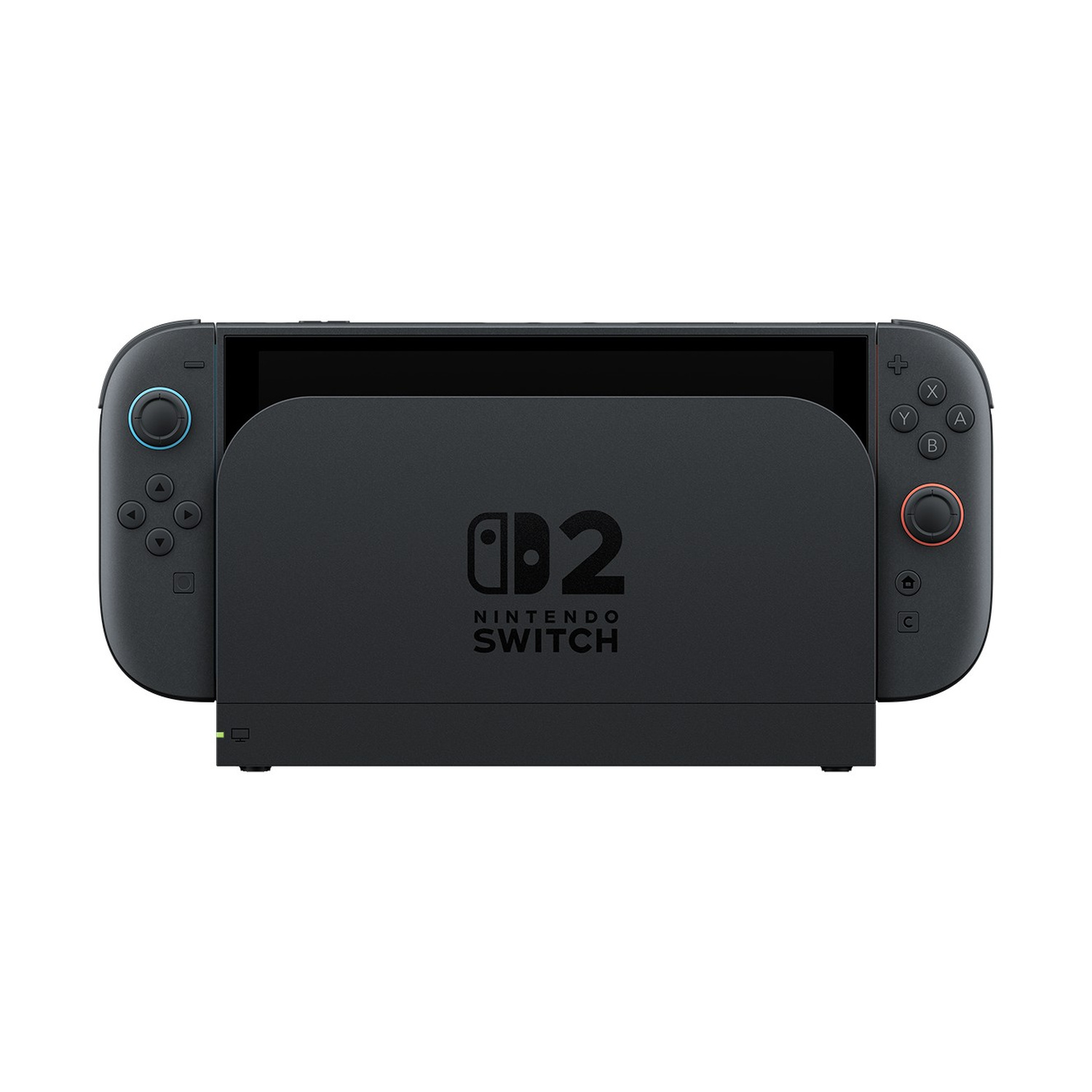Console Nintendo Switch nera in una base di ricarica coordinata su sfondo bianco.