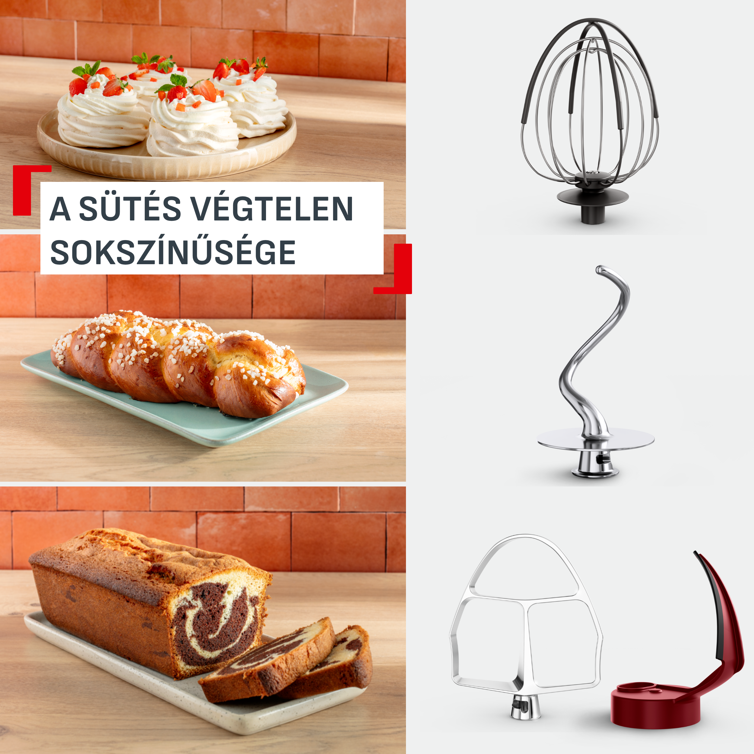 Különféle sütemények balra, és mixer tartozékok jobbra, fehér háttér előtt.