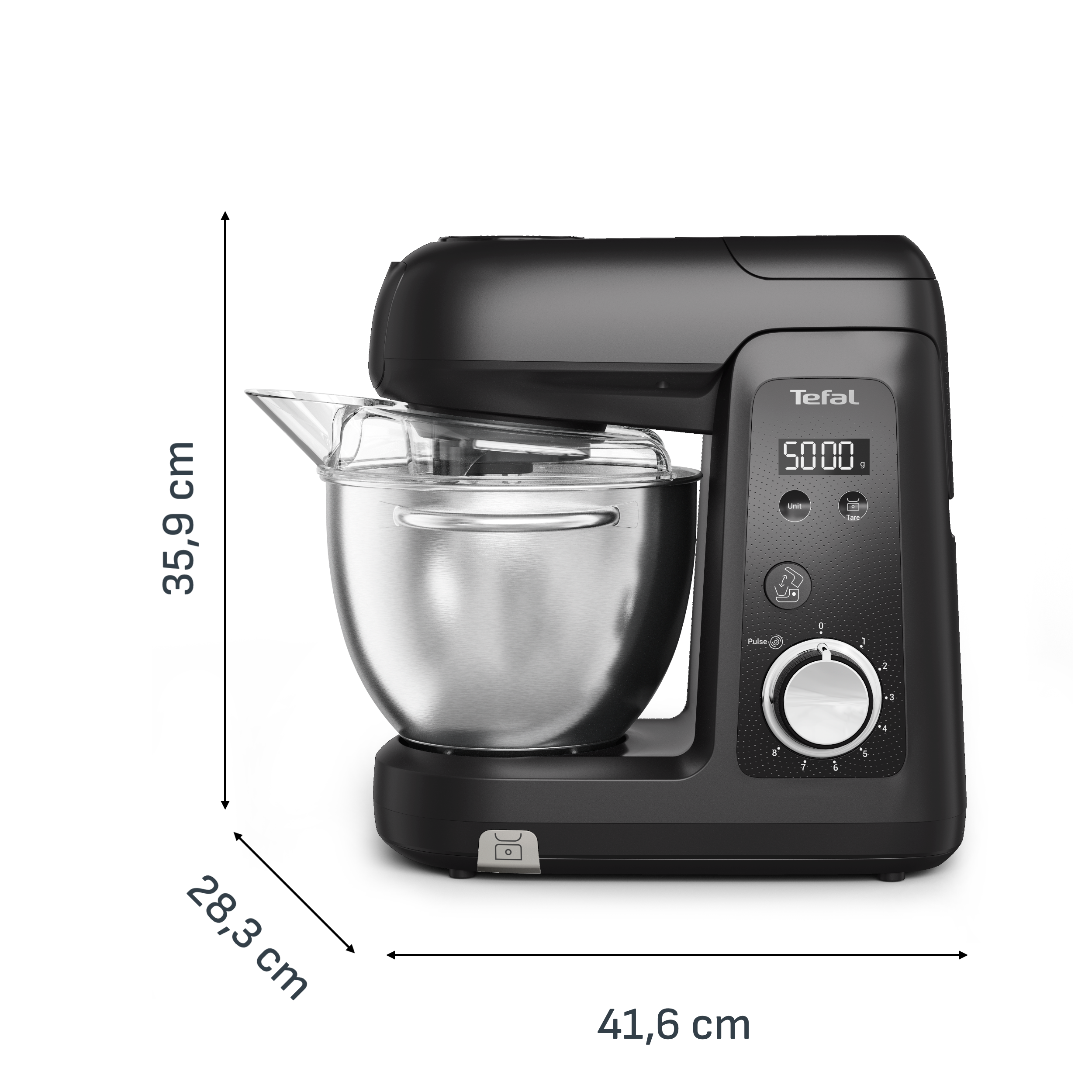 Fekete Tefal konyhai gép rozsdamentes acél tálal, digitális kijelzővel és forgatógombbal fekete háttér előtt.