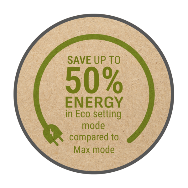 Logotipo de ahorro de energía en fondo beige, que promete un 50% de ahorro en modo eco.