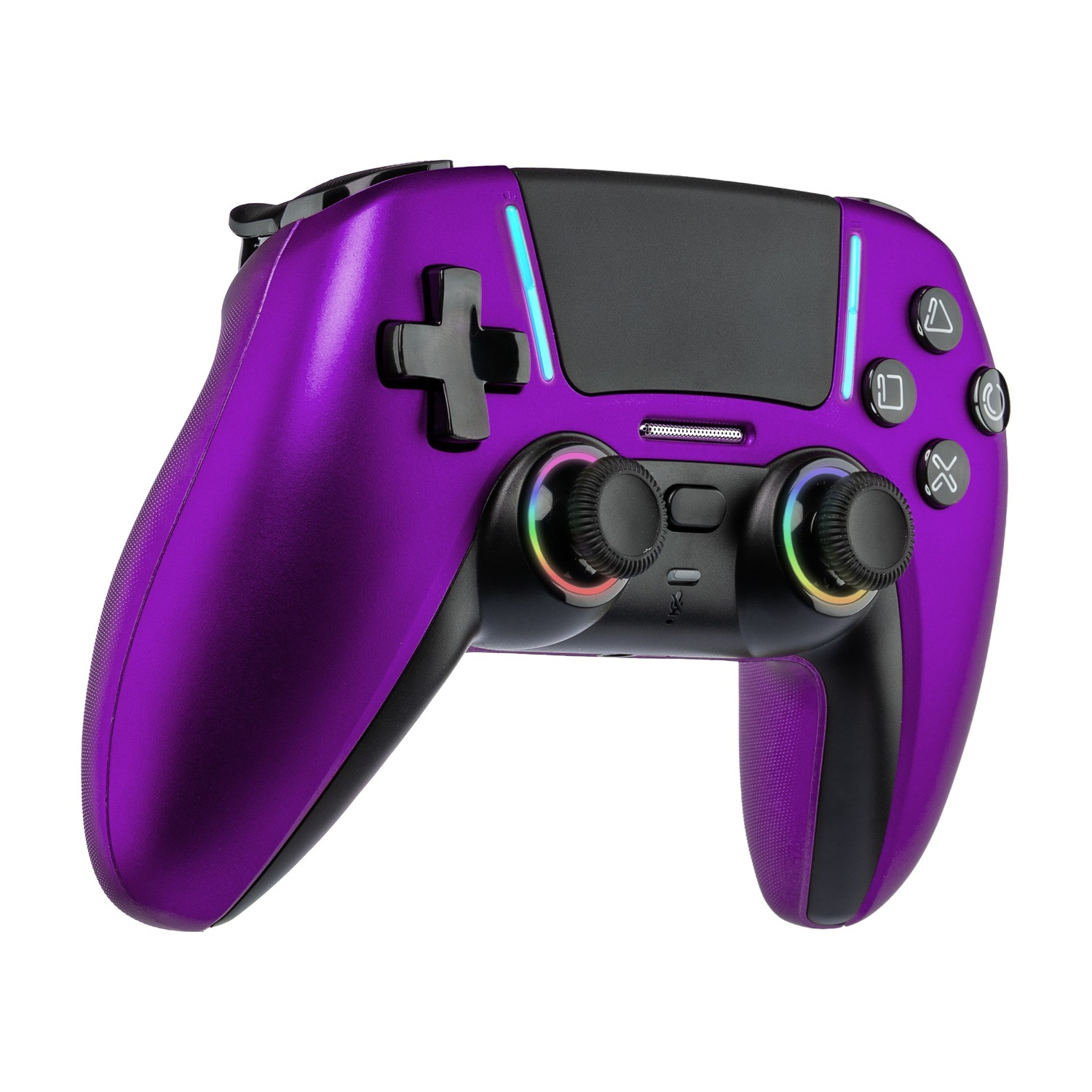 Controller di gioco viola con touchpad nero e levette LED colorate su sfondo bianco.
