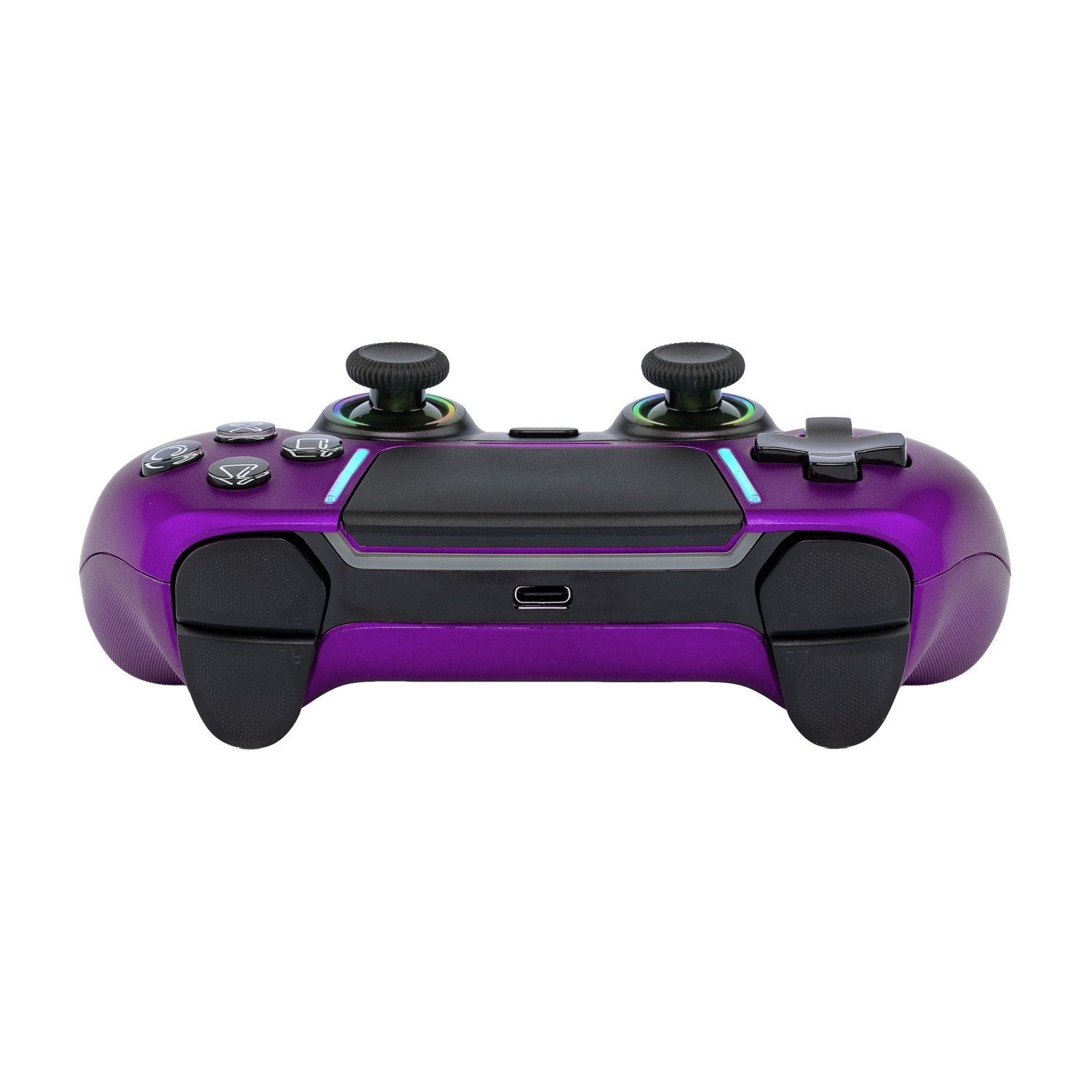 Controller di gioco viola lucido con porta USB-C, levette illuminate e pulsanti neri, su sfondo bianco.