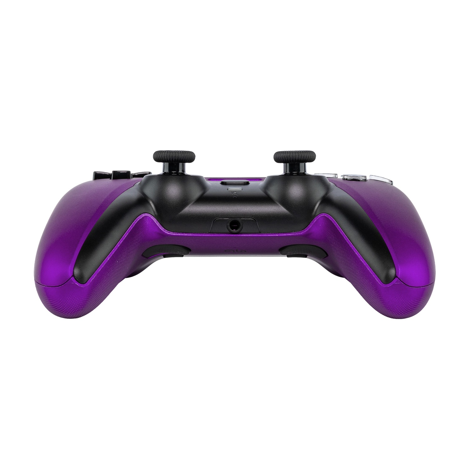 Un controller di gioco viola e nero è mostrato dall'alto su sfondo bianco.