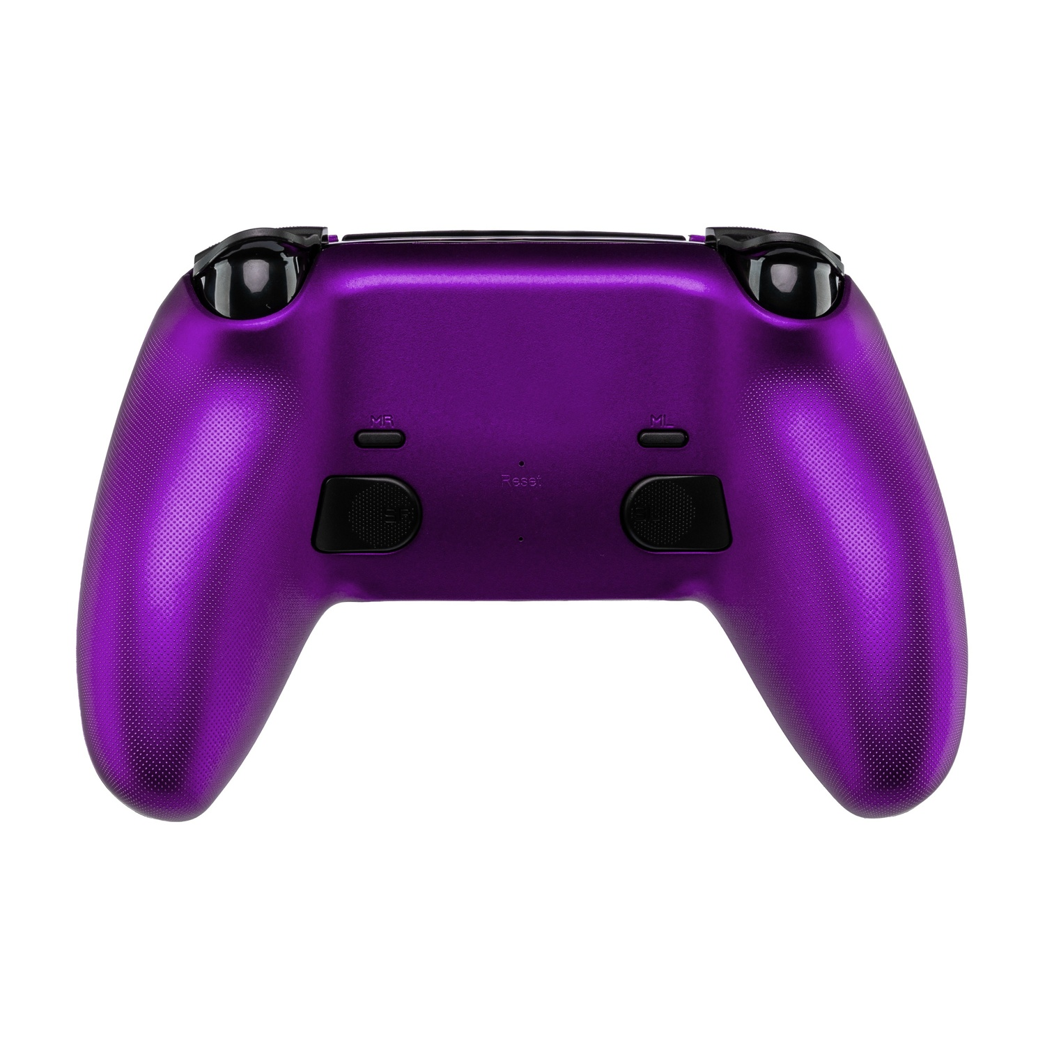 Vista posteriore di un controller per videogiochi viola lucido con impugnature testurizzate, grilletti neri e due palette.