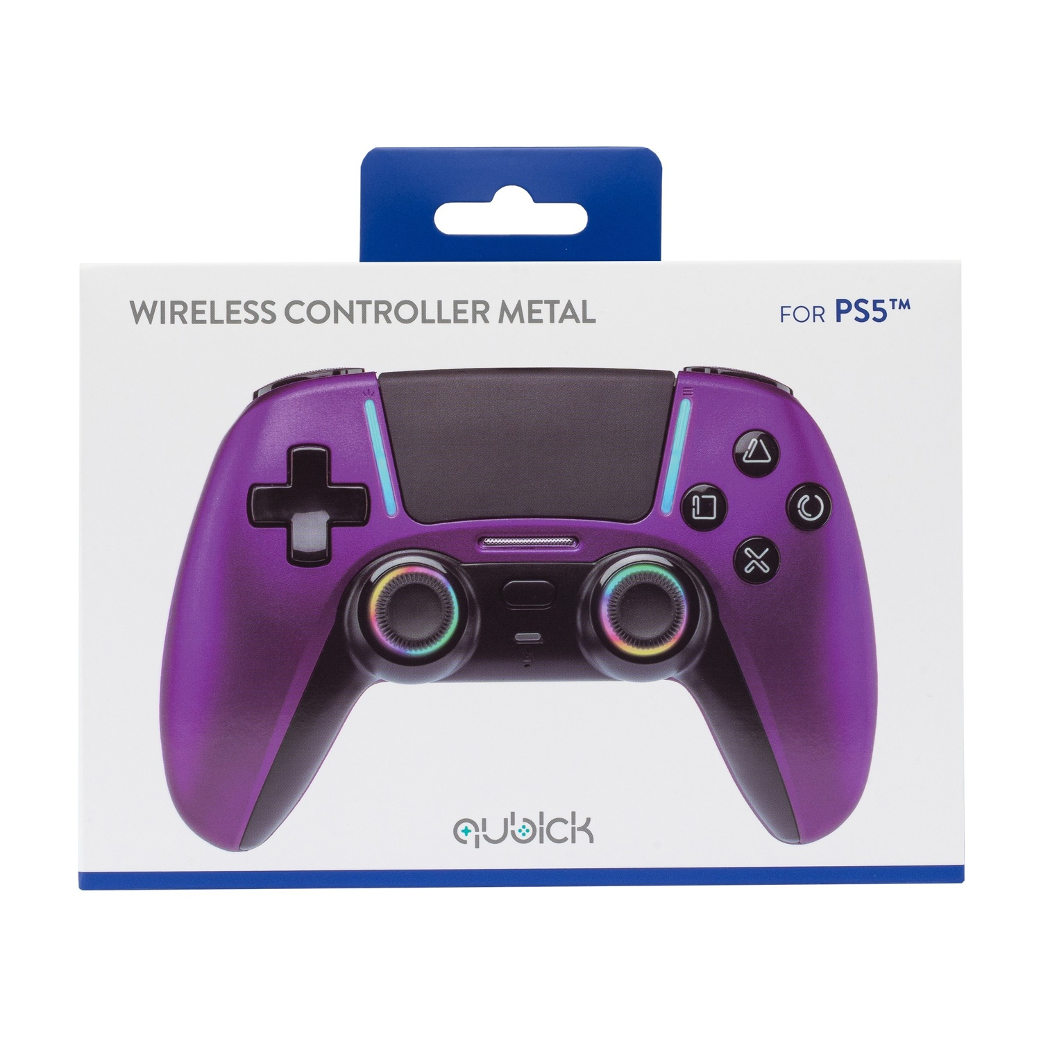 Controller wireless viola per PS5 in scatola bianca con appendino.