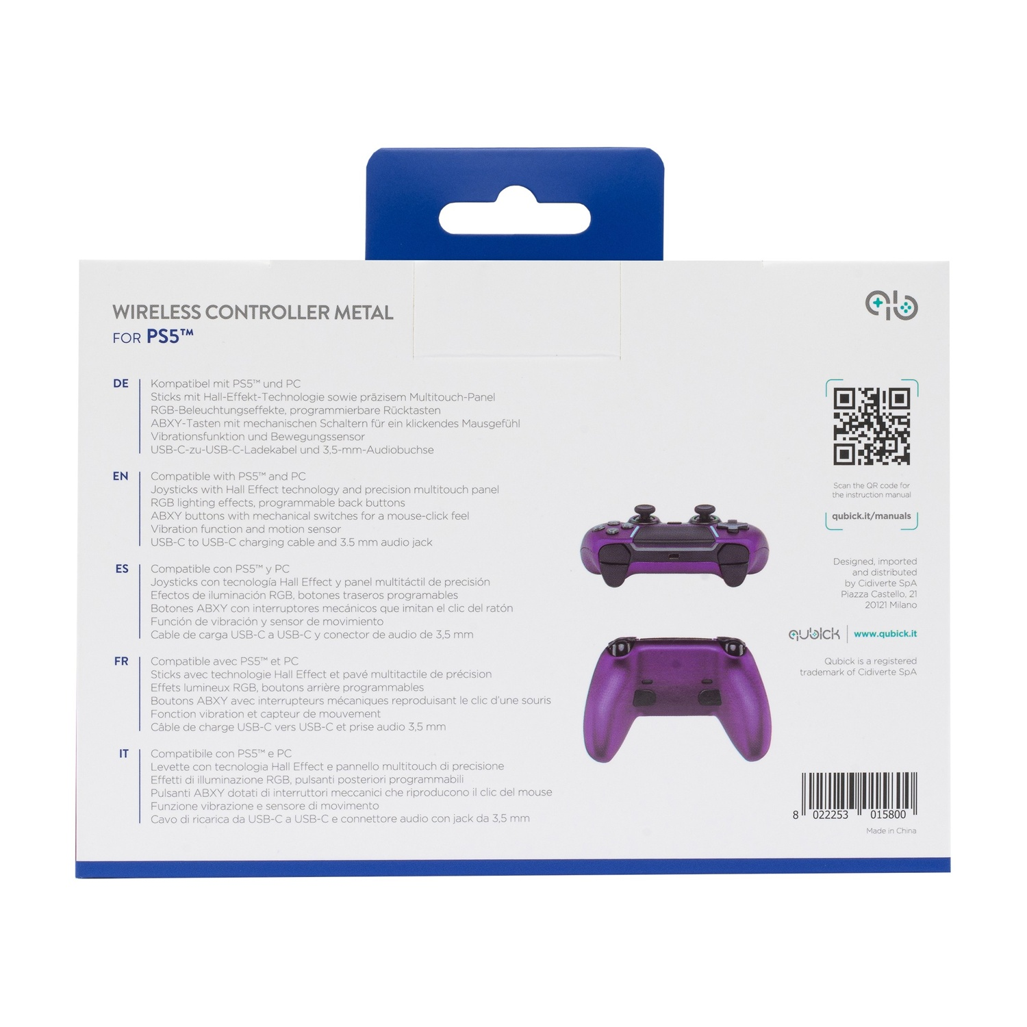Retro della confezione di un controller wireless PS5 viola con testo descrittivo e codice a barre.