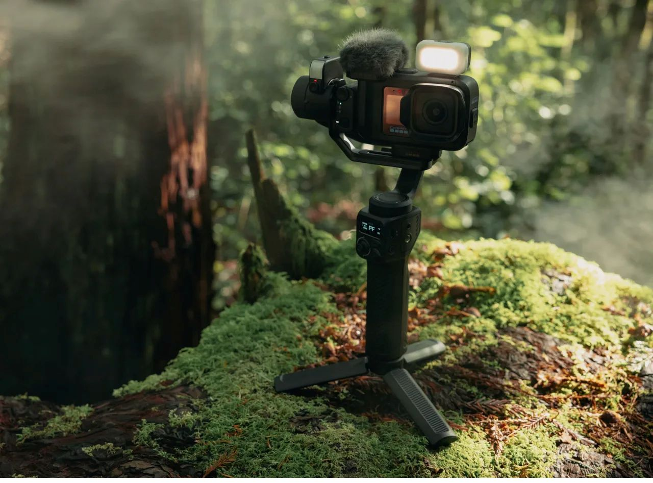 Eine Action-Kamera auf einem Gimbal mit Stativ steht auf moosbedecktem Holz in einem Wald.
