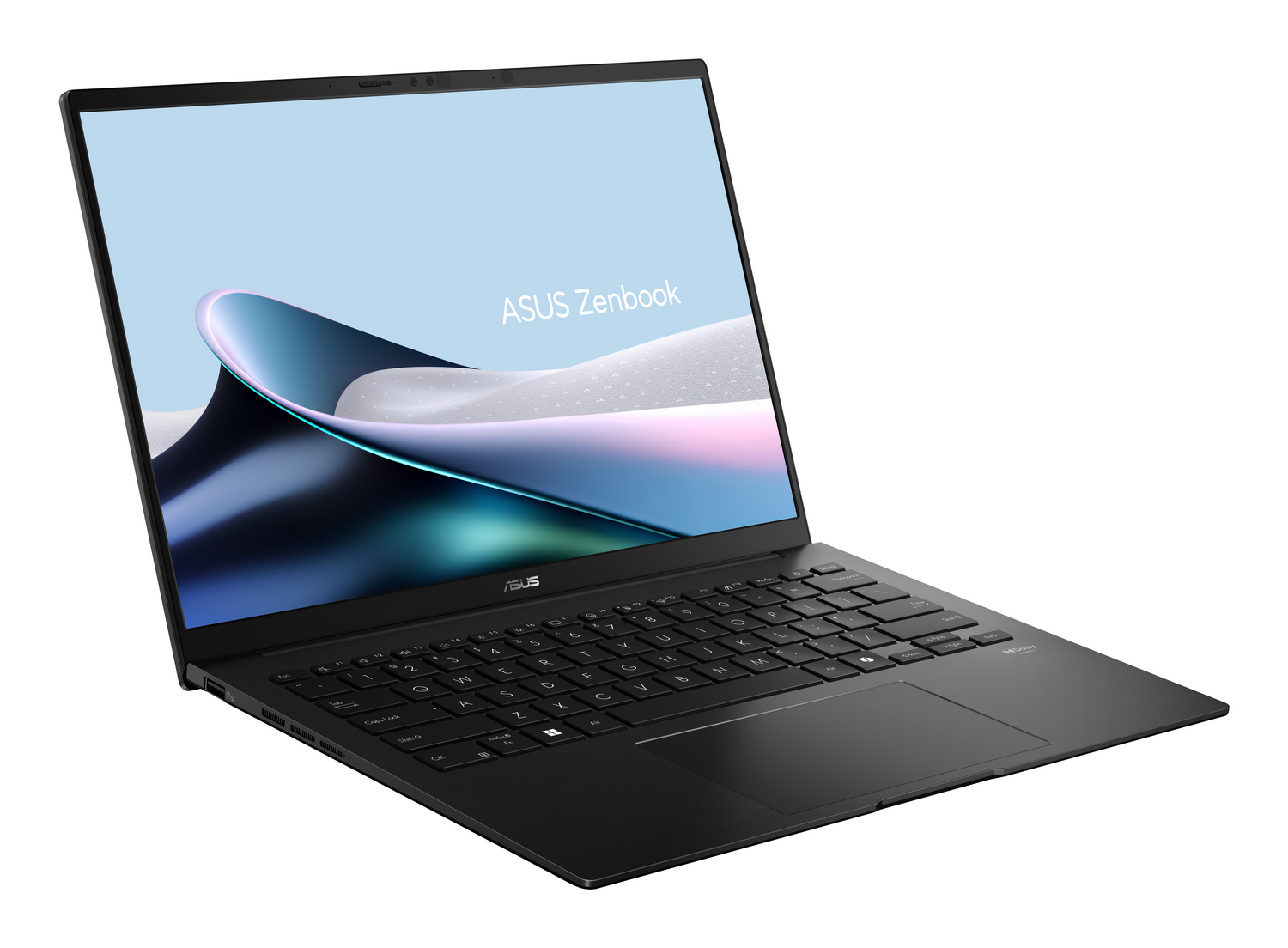 Un portátil ASUS Zenbook abierto sobre una superficie blanca, mostrando un fondo abstracto colorido.