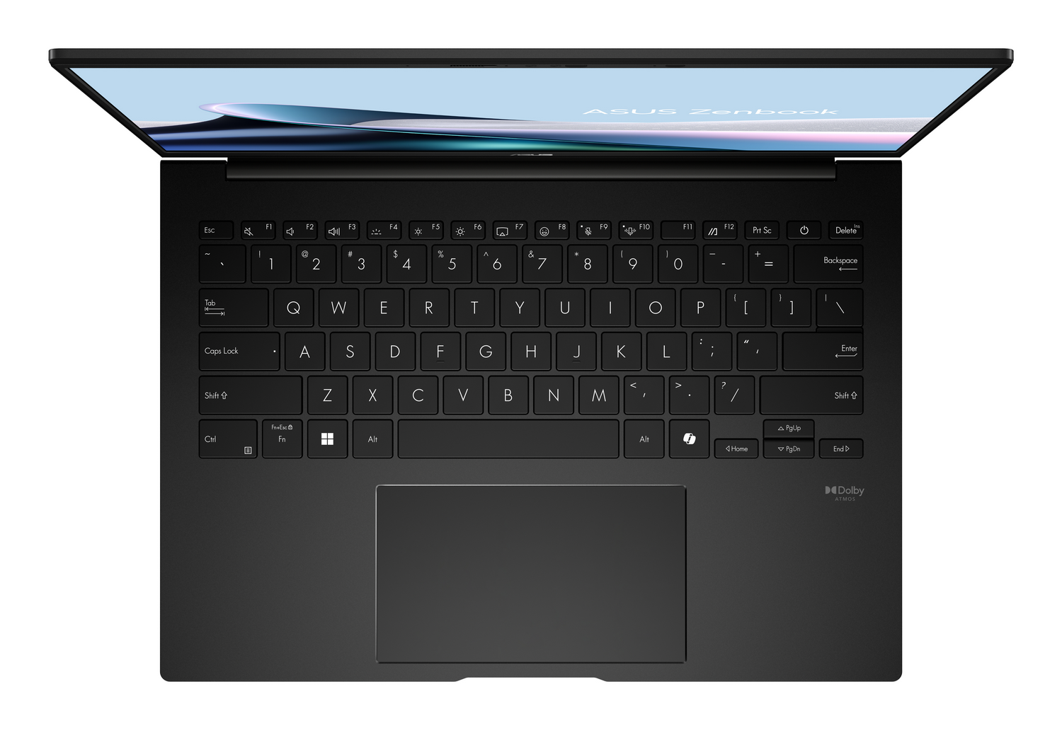 Vista superior de un portátil negro abierto con pantalla iluminada y teclado QWERTY.