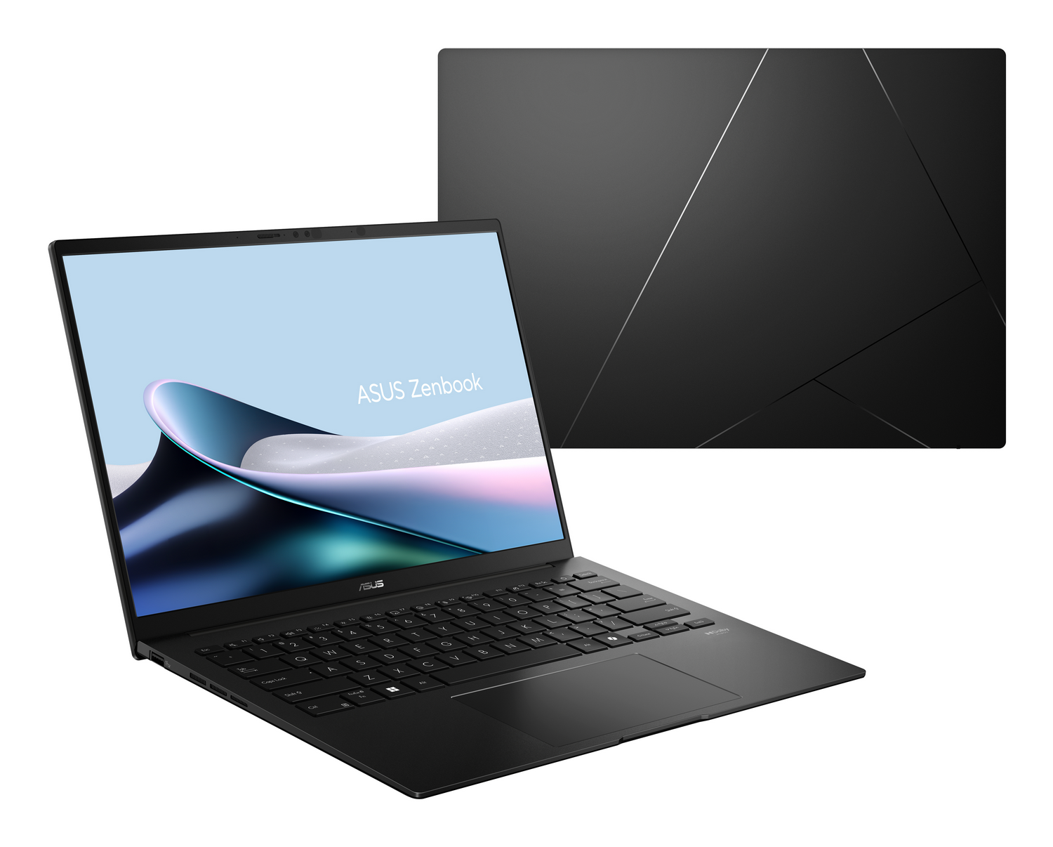 Un portátil Asus Zenbook negro mostrado abierto desde el frente y cerrado en segundo plano.