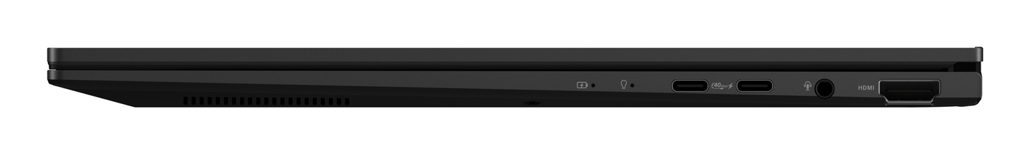 Vista lateral de un portátil negro que muestra puertos como USB-C, audio y HDMI.
