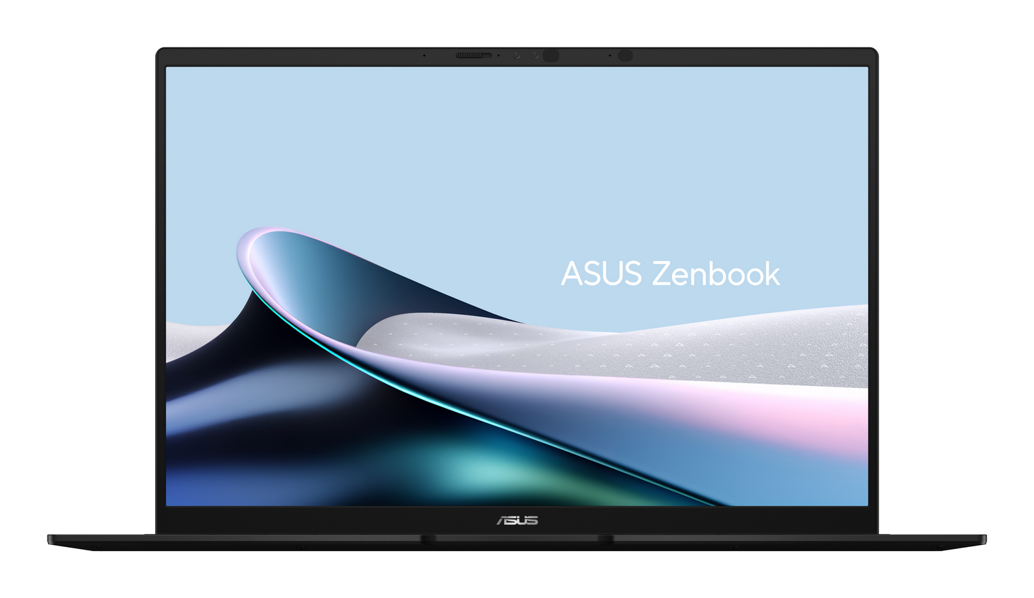 Vista frontal de una laptop ASUS Zenbook negra con un fondo de pantalla abstracto azul y blanco en la pantalla.