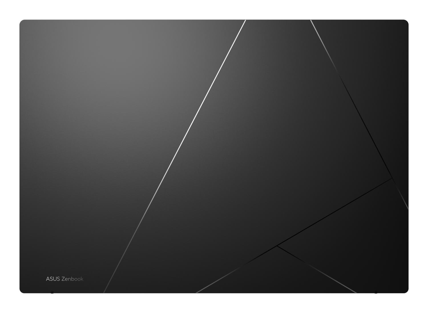 Tapa de portátil Asus Zenbook negra con líneas geométricas abstractas.