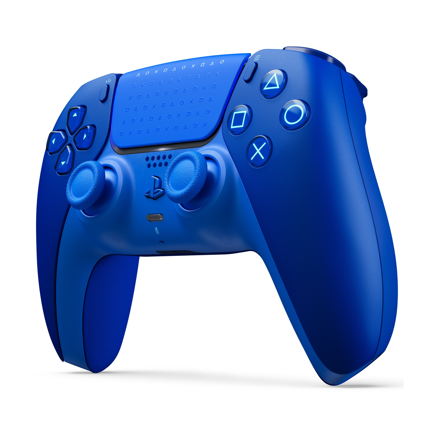 Un controller blu PlayStation 5 DualSense su sfondo bianco.