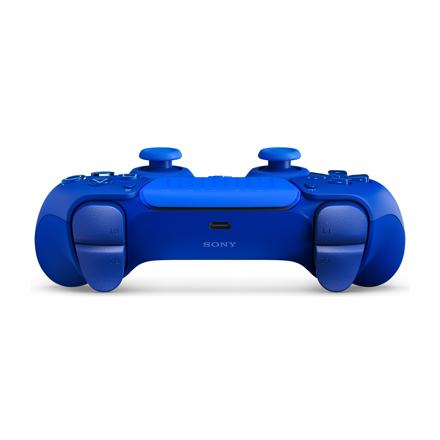 Un controller blu per Sony PlayStation visto da dietro, con i tasti L1, L2, R1, R2, su uno sfondo bianco.